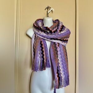 Missoni Wool Blend Scarf In Purple Orange Black Multi Metallic with Fringe